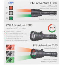 PNI Adventure F300 Flashlight Package with 3-color LED, white, red, green, max. 10W, IPX6 with Blue sticky Pad included PNI Adventure F300 Flashlight Package with 3-color LED, white, red, green, max. 10W, IPX6 with Blue sticky Pad included