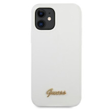 Guess GUHCP12SLSLMGWH iPhone 12 mini 5,4 colio baltas / baltas kietasis metalinis logotipo scenarijus