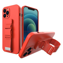 Virvės dėklas, gelio dėklas su grandininiu dirželiu, rankiniu diržu iPhone 13 Pro Max raudonas