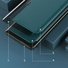 Eco Leather View Case elegantiškas knygų spintos tipo dėklas su stovu, skirtas iPhone 13 Pro Max žalias