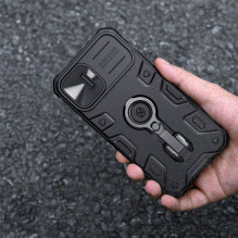 Nillkin CamShield Armor Pro Case iPhone 14 Plus dėklo šarvuotas dangtelis su fotoaparato dangtelio žiedo stovu juodas