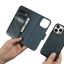 „iCarer Oil Wax Wallet Case“ 2 viename dangtelis „iPhone 14 Pro Max“ odinis atverčiamas dangtelis, mėlynas anti-RFID (WM
