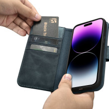 „iCarer Oil Wax Wallet Case“ 2 viename dangtelis „iPhone 14 Pro Max“ odinis atverčiamas dangtelis, mėlynas anti-RFID (WM