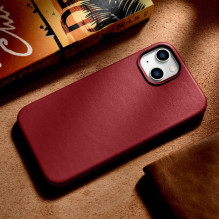 iCarer Case Odinis dėklo dangtelis iš natūralios odos skirtas iPhone 14 Plus raudonas (suderinamas su MagSafe)