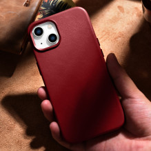iCarer Case Odinis dėklo dangtelis iš natūralios odos skirtas iPhone 14 Plus raudonas (suderinamas su MagSafe)