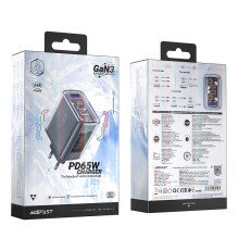 Acefast įkroviklis GaN 65W 3 prievadai (1xUSB, 2xUSB C) pilka (A45)