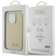 Guess Glitter Glossy Script dėklas iPhone 15 Pro - auksinis