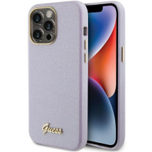 Guess Glitter Glossy Script dėklas, skirtas iPhone 15 Pro - alyvinė