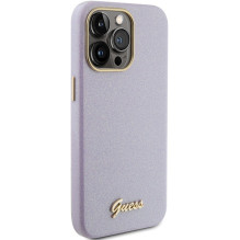 Guess Glitter Glossy Script dėklas, skirtas iPhone 15 Pro - alyvinė