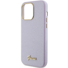 Guess Glitter Glossy Script dėklas, skirtas iPhone 15 Pro - alyvinė
