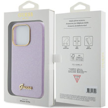 Guess Glitter Glossy Script dėklas, skirtas iPhone 15 Pro - alyvinė