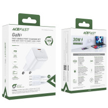 Acefast A77 Mini PD 30W GaN sieninis įkroviklis + USB-C laidas - baltas