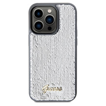 Guess Sequin Script Metalinis dėklas iPhone 14 Pro - sidabrinis