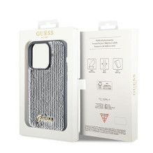 Guess Sequin Script Metalinis dėklas iPhone 14 Pro - sidabrinis