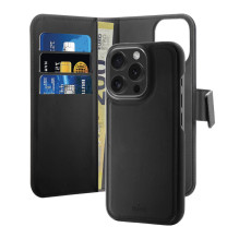 Puro Wallet Nuimamas MagSafe 2in1 PU odinis dėklas su atvartu ir pinigine, skirta iPhone 16 Pro – juoda