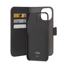 Puro Wallet Nuimamas MagSafe 2in1 PU odinis dėklas su atvartu ir pinigine, skirta iPhone 15 Pro Max – juoda