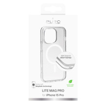 Puro dangtelis iš PC+TPU+TPE su integruotais magnetais „LITE MAG PRO“, skirtas iPhone 15 Pro, balta spalva