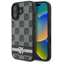DKNY languotas raštas ir margintos juostelės iPhone 16 dėklas – juodas