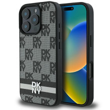 DKNY Checkered Pattern Printed Stripes dėklas, skirtas iPhone 16 Pro Max - juodas