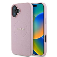 Guess Grained Gold Ring MagSafe iPhone 16 Plus dėklas – rožinis