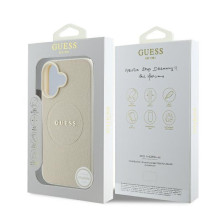Guess Grained Ring MagSafe dėklas iPhone 16 - smėlio spalvos