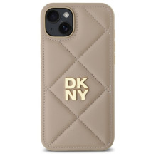 DKNY Quilted Stack Logo iPhone 15 Plus dėklas – smėlio spalvos
