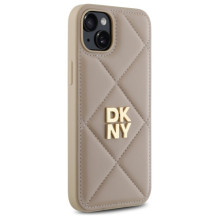 DKNY Quilted Stack Logo iPhone 15 Plus dėklas – smėlio spalvos