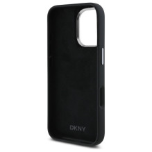 DKNY skysto silikono metalo logotipas iPhone 16 dėklas – juodas