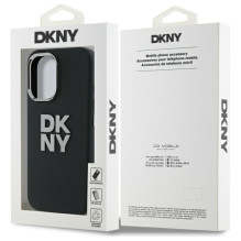 DKNY skysto silikono metalo logotipas iPhone 16 dėklas – juodas