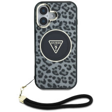 Guess HC IML Leopard Triangle Cord Strap MagSafe dėklas iPhone 16 - juodas