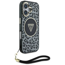 Guess HC IML Leopard Triangle Cord Strap MagSafe dėklas iPhone 16 - juodas