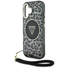 Guess HC IML Leopard Triangle Cord Strap MagSafe dėklas iPhone 16 - juodas