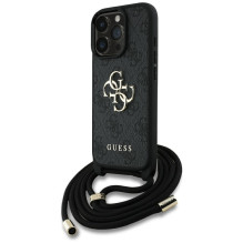 Guess 4G Big Logo Cord Stap Crossbody dėklas, skirtas iPhone 16 Pro Black