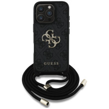 Guess 4G Big Logo Cord Stap Crossbody dėklas, skirtas iPhone 16 Pro Black