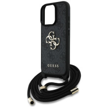 Guess 4G Big Logo Cord Stap Crossbody dėklas, skirtas iPhone 16 Pro Black
