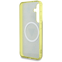 Guess 4G Glitter Triangle Buttons MagSafe dėklas, skirtas Samsung Galaxy S25 Brown