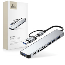 Tech-Protect HB06 HUB adapteris 8in1 TYPE-C + USB2.0 + USB3.0 + SD / TF + AV3.5 - pilka