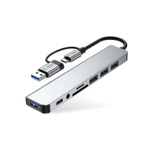 Tech-Protect HB06 HUB adapteris 8in1 TYPE-C + USB2.0 + USB3.0 + SD / TF + AV3.5 - pilka