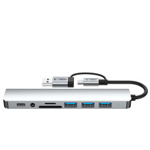 Tech-Protect HB06 HUB adapteris 8in1 TYPE-C + USB2.0 + USB3.0 + SD / TF + AV3.5 - pilka
