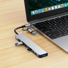 Tech-Protect HB06 HUB Adapter 8in1 TYPE-C + USB2.0 + USB3.0 + SD / TF + AV3.5 - gray