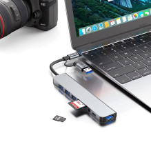 Tech-Protect HB06 HUB adapteris 8in1 TYPE-C + USB2.0 + USB3.0 + SD / TF + AV3.5 - pilka