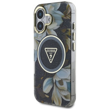 Guess Glitter Flowers Triangle Buttons MagSafe dėklas iPhone 16 juodas