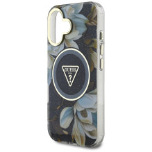 Guess Glitter Flowers Triangle Buttons MagSafe dėklas iPhone 16 juodas