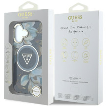 Guess Glitter Flowers Triangle Buttons MagSafe dėklas iPhone 16 juodas