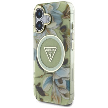 Guess Glitter Flowers Triangle Buttons MagSafe dėklas iPhone 16 žalias