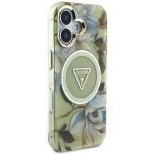 Guess Glitter Flowers Triangle Buttons MagSafe dėklas iPhone 16 žalias