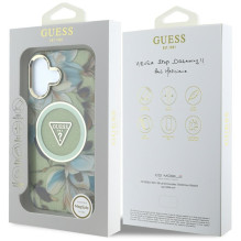 Guess Glitter Flowers Triangle Buttons MagSafe dėklas iPhone 16 žalias