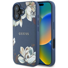 Guess Grained Printed Flower Pattern MagSafe dėklas iPhone 16 mėlynai