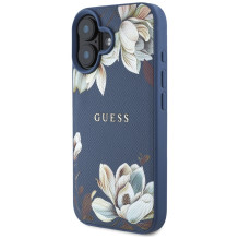 Guess Grained Printed Flower Pattern MagSafe dėklas iPhone 16 mėlynai