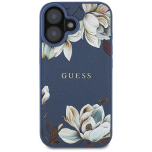 Guess Grained Printed Flower Pattern MagSafe dėklas iPhone 16 mėlynai